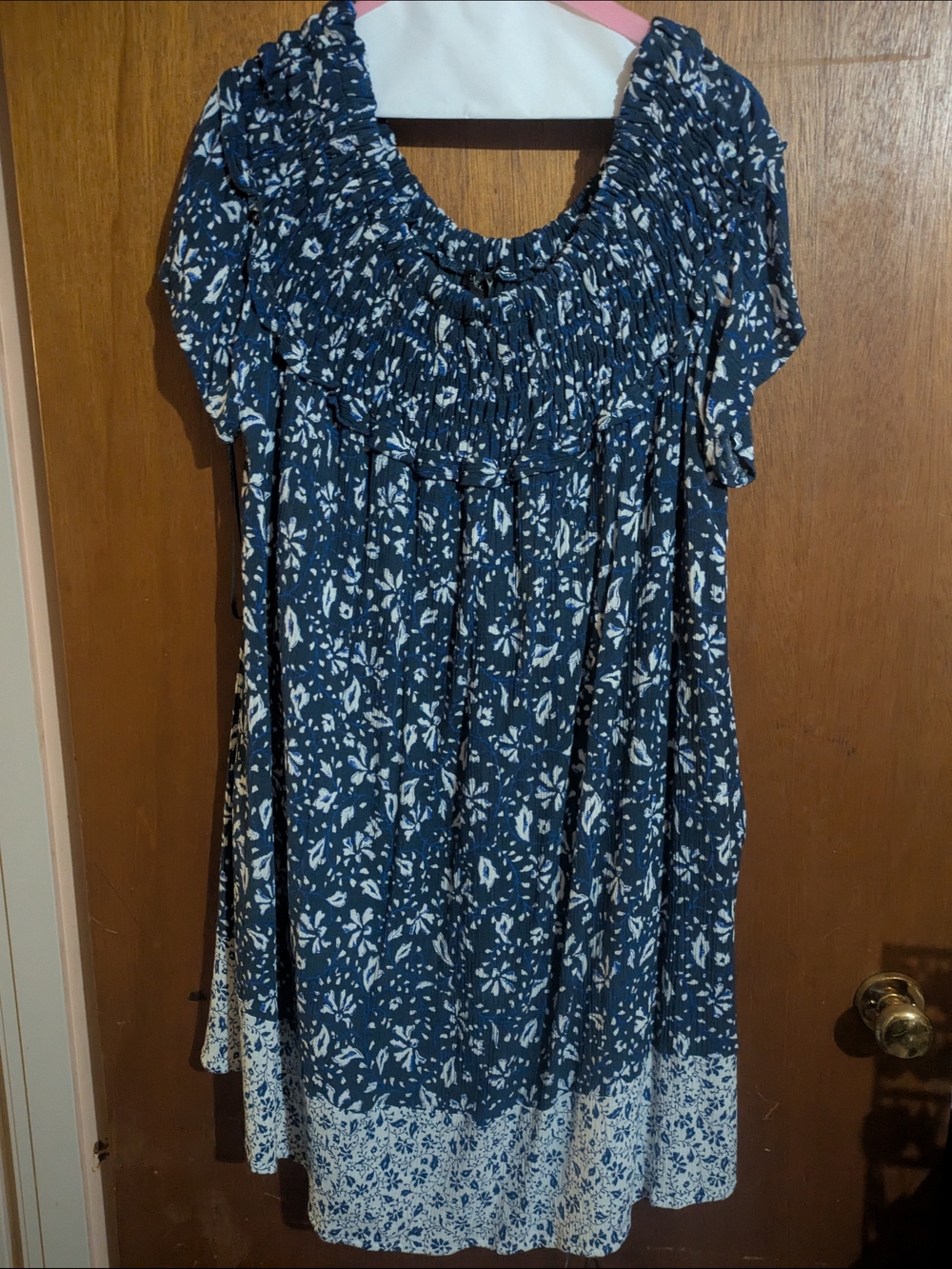 Lane Bryant Navy Blue Smocked-Yoke Dress, Lined